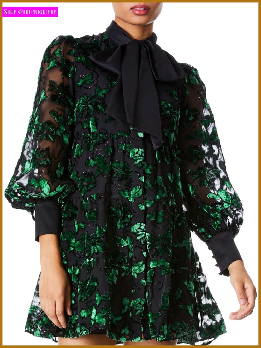 Alice + Olivia Rowen Emerald Green Bow Neck Blouson Sleeve Mini Dress